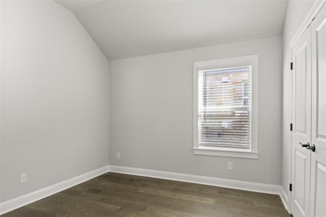 interior space with a closet, dark wood-type flooring, and lofted ceiling