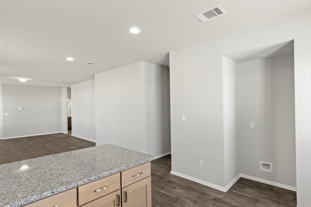 224 Barley Ln, Elgin, TX 78621 - kitchen with dark wood finished floors, light stone countertops, recessed lighting, and visible vents