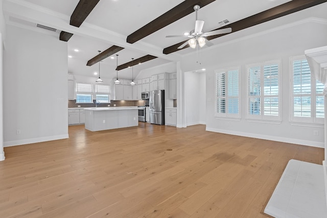 unfurnished living room featuring sink, crown molding, ceiling fan, beamed ceiling, and light hardwood / wood-style floors