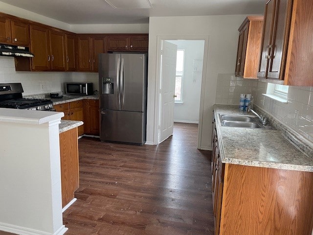 kitchen with sink, stainless steel appliances, tasteful backsplash, dark hardwood / wood-style floors, and ventilation hood