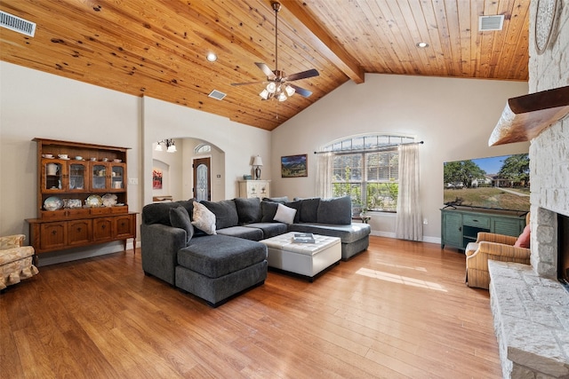 living room featuring hardwood / wood-style floors, high vaulted ceiling, ceiling fan, and beam ceiling