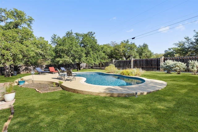 view of swimming pool with a yard and a patio