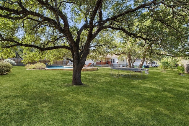 view of yard with a fenced in pool and a trampoline