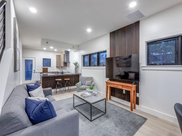 living room featuring sink and light hardwood / wood-style flooring