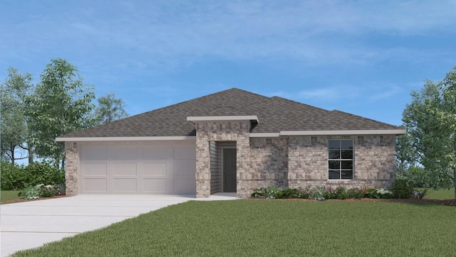 133 Willers Rd, Jarrell, TX 76537 - view of front of property with driveway, a garage, stone siding, a front yard, and roof with shingles