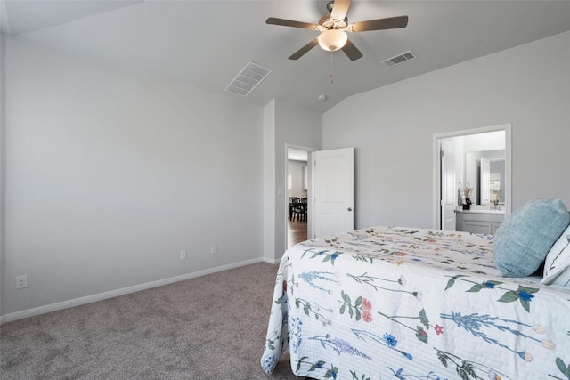 carpeted bedroom with ceiling fan and lofted ceiling