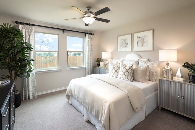 bedroom featuring ceiling fan and carpet floors