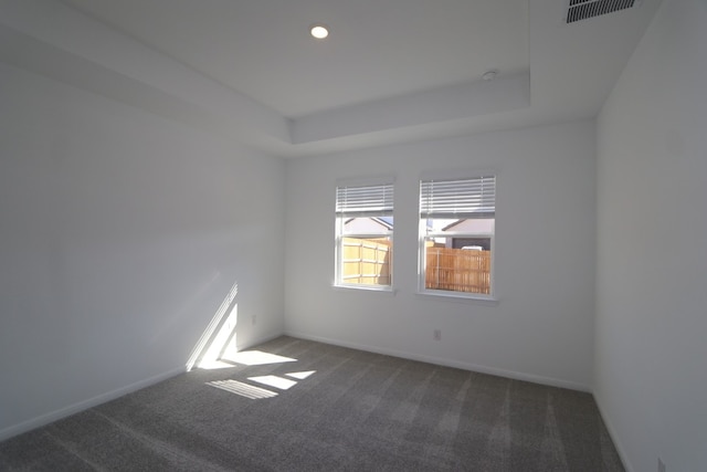 carpeted empty room featuring a tray ceiling