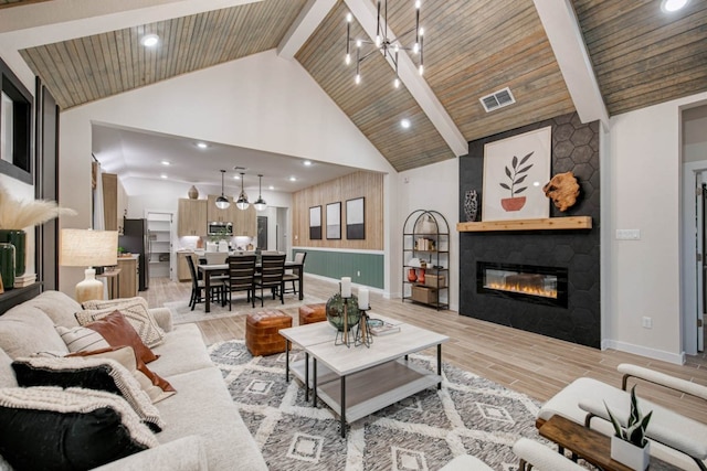 living room with wooden ceiling, high vaulted ceiling, light wood-type flooring, a fireplace, and beam ceiling