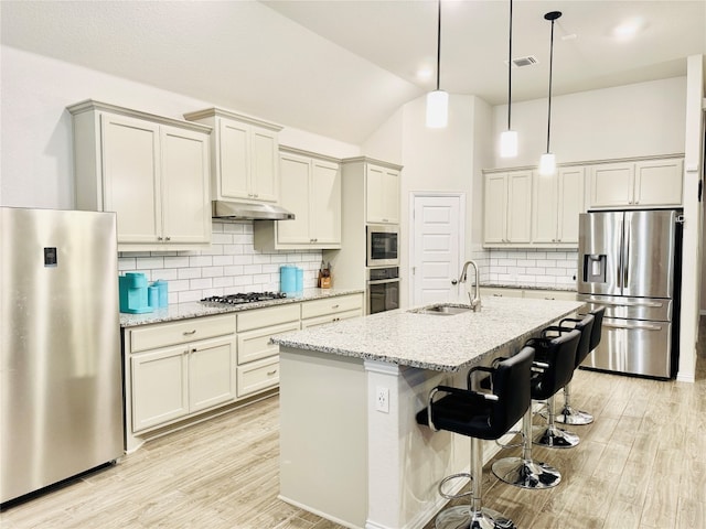 kitchen featuring light stone countertops, sink, an island with sink, and appliances with stainless steel finishes