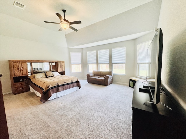 carpeted bedroom featuring ceiling fan and lofted ceiling