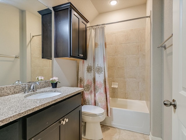 full bathroom featuring tile patterned flooring, shower / bath combination with curtain, lofted ceiling, toilet, and vanity