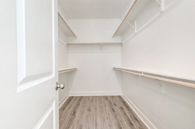 walk in closet with light hardwood / wood-style floors