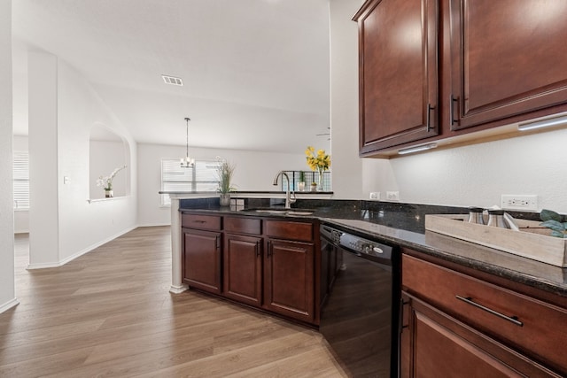 kitchen with light wood-type flooring, sink, an inviting chandelier, dishwasher, and hanging light fixtures