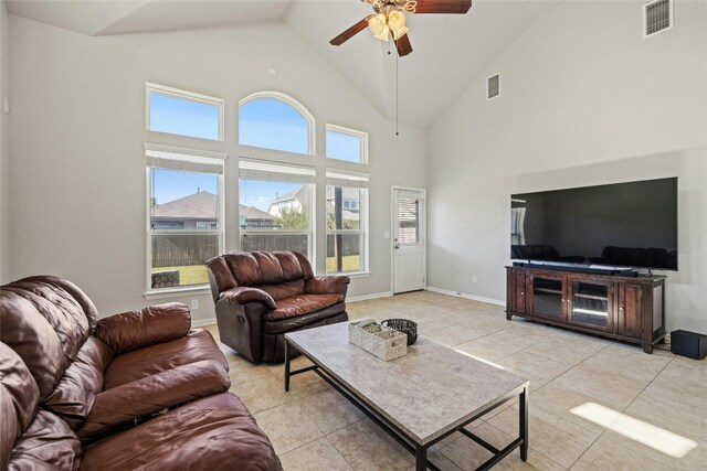 living room featuring ceiling fan, high vaulted ceiling, and light tile patterned floors