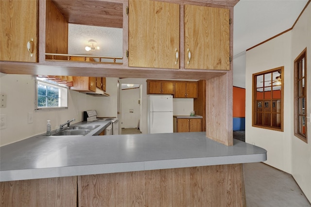 kitchen with kitchen peninsula, white appliances, and sink