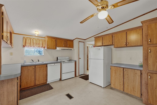 kitchen with lofted ceiling, white appliances, crown molding, ceiling fan, and extractor fan