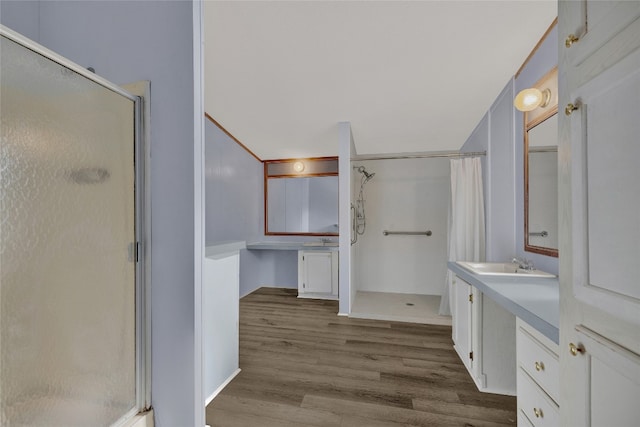 bathroom with hardwood / wood-style floors, vanity, and a shower