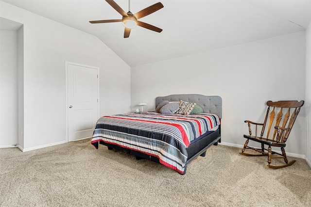 bedroom with carpet flooring, ceiling fan, and lofted ceiling