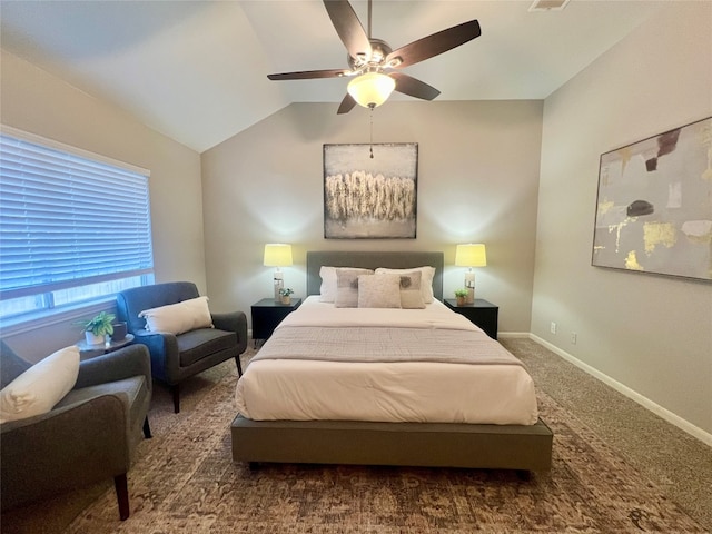 bedroom featuring ceiling fan, carpet, and lofted ceiling