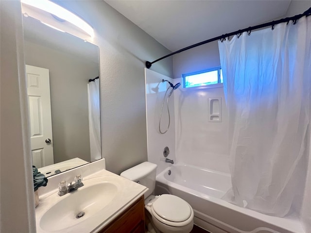 full bathroom with shower / bath combo with shower curtain, toilet, and vanity