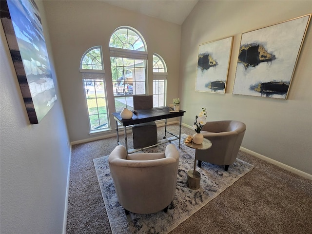 sitting room featuring carpet floors, a wealth of natural light, and lofted ceiling