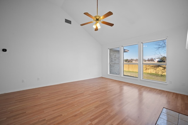 unfurnished living room with high vaulted ceiling, light hardwood / wood-style floors, and ceiling fan