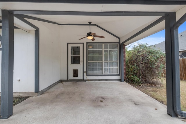 view of patio featuring ceiling fan