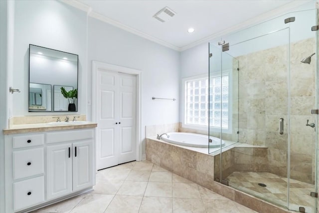 bathroom with separate shower and tub, tile patterned floors, vanity, and ornamental molding