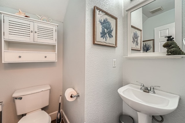 bathroom with toilet, lofted ceiling, and sink