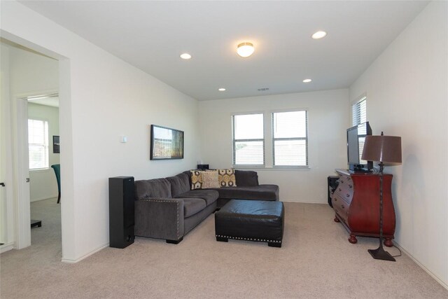 living room featuring light colored carpet