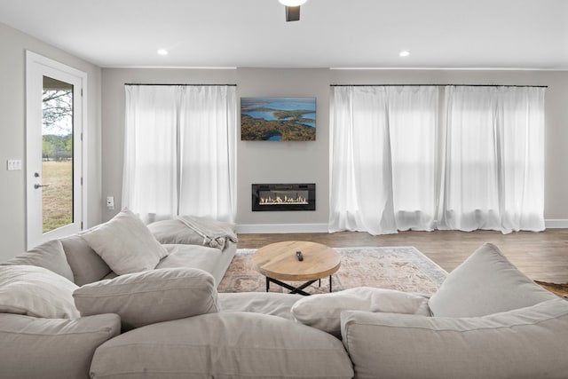 living room featuring ceiling fan and light wood-type flooring