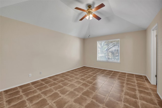 unfurnished room with ceiling fan and lofted ceiling