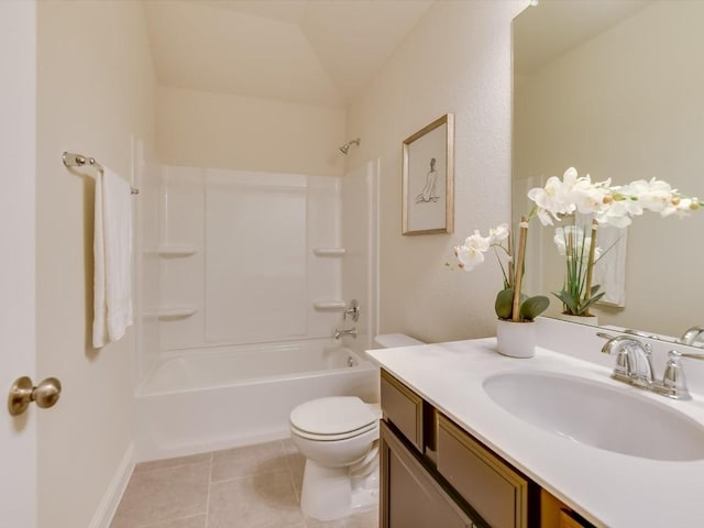 full bath with toilet, shower / bath combination, tile patterned flooring, and vanity