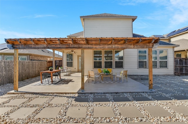8061 Massa Dr, Round Rock, TX 78665 - rear view of property featuring a pergola, a fenced backyard, a patio, ceiling fan, and an outdoor living space