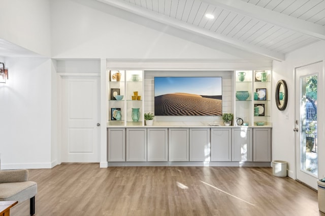 living room featuring vaulted ceiling with beams, wooden ceiling, and light wood-type flooring