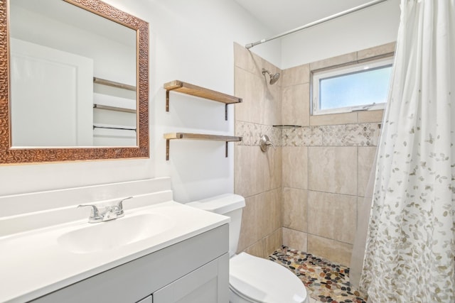 bathroom featuring vanity, curtained shower, and toilet