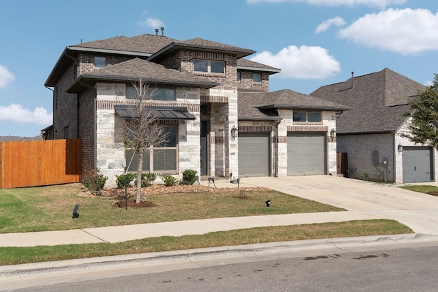 prairie-style house featuring a garage and a front lawn