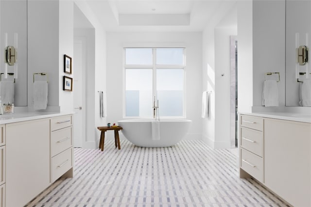 bathroom featuring vanity, a raised ceiling, and a bath