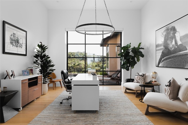 home office featuring a high ceiling and light hardwood / wood-style flooring