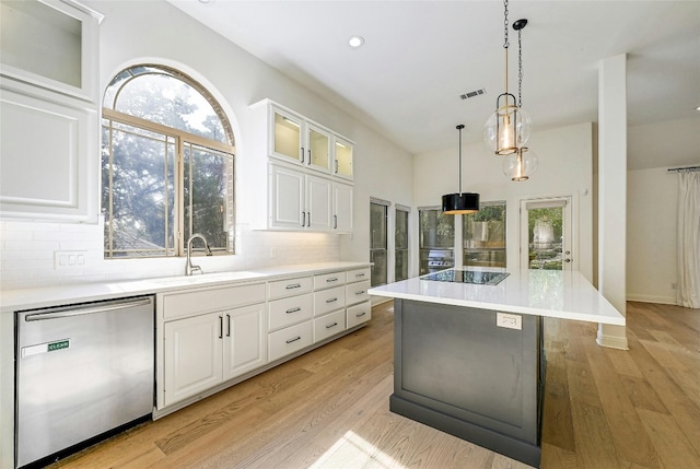 kitchen featuring stainless steel dishwasher, white cabinets, sink, and tasteful backsplash