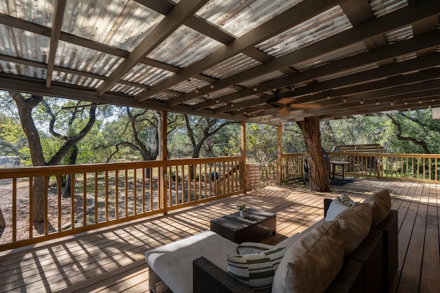 13016 S Madrone Trl, Austin, TX 78737 - wooden terrace with an outdoor living space, a ceiling fan, and view of wooded area