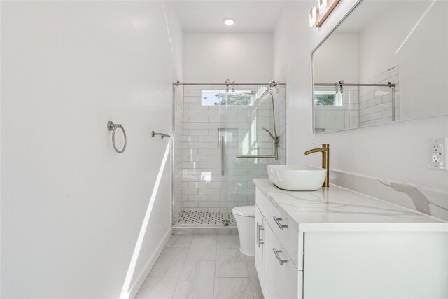 bathroom with vanity, toilet, and walk in shower