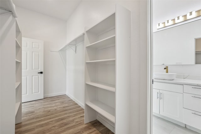 spacious closet featuring light hardwood / wood-style floors and sink