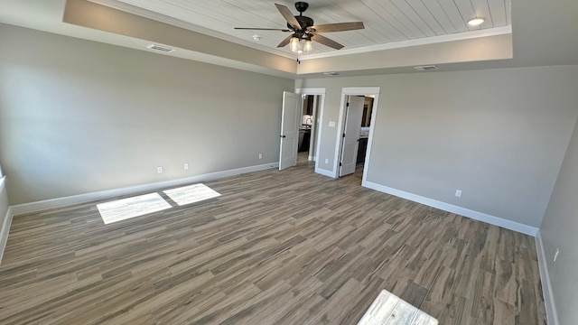 unfurnished bedroom with ceiling fan, wooden ceiling, hardwood / wood-style floors, a tray ceiling, and ornamental molding