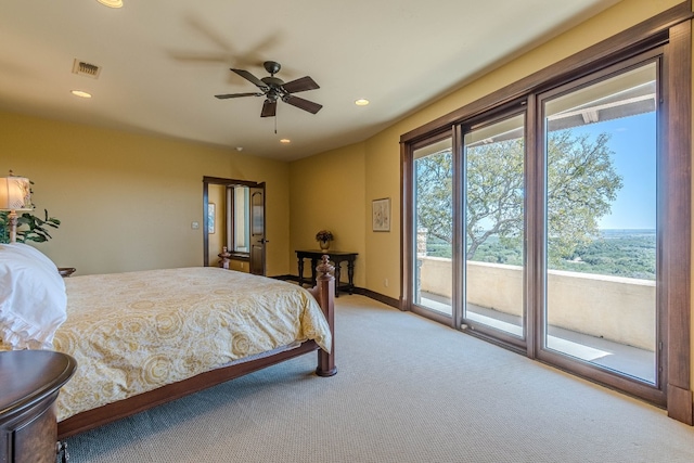 carpeted bedroom with access to exterior and ceiling fan