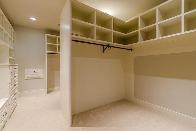 spacious closet featuring light colored carpet