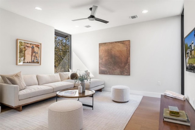 2606 Cavileer Ave, Austin, TX 78757 - living room with ceiling fan, wood finished floors, and recessed lighting
