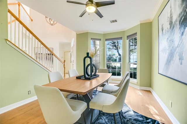 dining area with ceiling fan, ornamental molding, and light hardwood / wood-style flooring