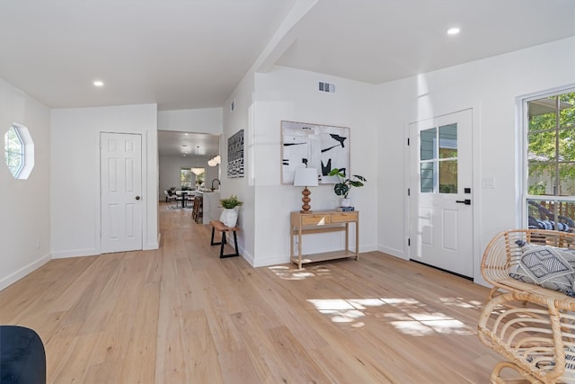 foyer with lofted ceiling, a wealth of natural light, and light wood-type flooring